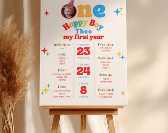 Placa comemorativa do primeiro aniversário de um menino feliz, decoração para o primeiro aniversário de menino, aniversário colorido, primeiro aniversário divertido, foto, modelo editável do Canva