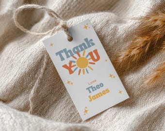 Etiqueta de Agradecimento para Aniversário de 1 Ano "Um Menino Feliz", 1º Aniversário de Menino, Etiqueta de Agradecimento com Sol Retrô, Lembrancinha de Primeiro Aniversário, Modelo Editável do Canva