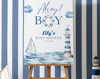 Placa de boas-vindas para chá de bebê "Ahoy! É um menino!", decoração para chá de bebê de menino, placa náutica em aquarela para chá de bebê, barco à vela, modelo editável do Canva