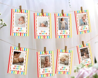 É divertido ter um ano! Banner de fotos para o primeiro aniversário, decoração colorida para o primeiro aniversário de menino, fotos de marcos do primeiro aniversário, modelo do Canva