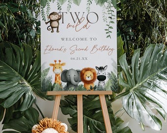 Placa de boas-vindas para aniversário com tema "Dois Selvagens", decoração para festa de 2 anos de menino, decoração para aniversário com animais da savana, festa na selva, modelo editável do Canva