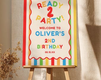 Ready Two Party Birthday Welcome Sign, Boys 2nd Birthday, Colorful 2nd Birthday Decor, Fun Second Birthday Sign, Canva Template