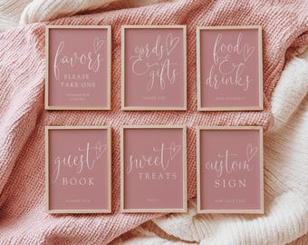 Conjunto de Placas de Mesa para Chá de Bebê Rosa para Menina, Decoração para Chá de Bebê de Menina, Caligrafia Elegante, Rosa Antigo, Modelo de Placa Personalizada Editável no Canva