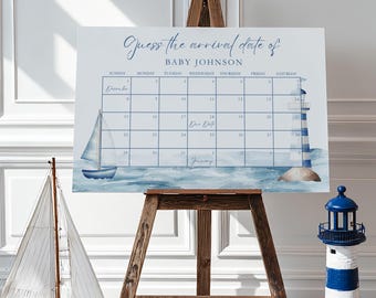 Placa para Chá de Bebê "Ahoy, é um Menino" com a Data Prevista para o Nascimento, Decoração para Chá de Bebê de Menino, Placa Náutica para Chá de Bebê, Barco à Vela, Modelo Editável do Canva