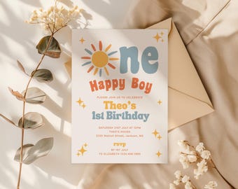Convite de Aniversário de 1 Ano para Menino - Um Menino Feliz, Convite de Aniversário de 1 Ano para Menino, Convite de Aniversário com Sol Retrô, Convite de Primeiro Aniversário, Modelo Editável do Canva