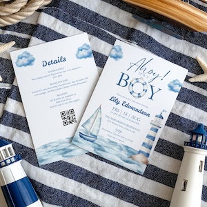 May include: Two nautical-themed baby shower invitations. One card reads "Ahoy! It's a Boy" with a sailboat and lighthouse illustration. The other card has details and a QR code. Both cards have blue watercolor accents.