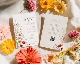 Convite para Chá de Bebê "Bebê em Flor", Convite para Chá de Bebê com Flores Silvestres, Chá de Bebê para Menina, Floral, Lista de Presentes com Código QR, Modelo Editável no Canva