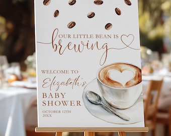 Placa de boas-vindas para chá de bebê com tema de café, placa "Um feijãozinho está a caminho", decoração para chá de bebê com tema de café, unissex, modelo editável do Canva