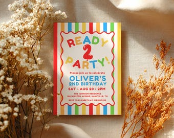 Convite de aniversário "Ready Two Party", aniversário de 2 anos para menino, convite colorido para o segundo aniversário, convite divertido para o segundo aniversário, modelo do Canva