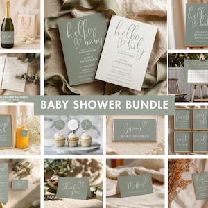 Puede incluir: Una colección de artículos para baby shower en una paleta de colores suaves y neutros. La imagen incluye invitaciones, letreros, tarjetas de juego, adornos para cupcakes y cajas de recuerdos. El texto "Hello Baby" y "Baby Shower Bundle" son visibles.