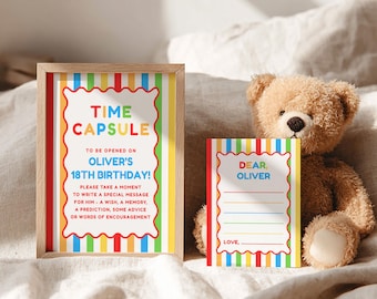 Cápsula do Tempo "É Divertido Ter Um Ano" para o 1º Aniversário, Decoração Colorida para o 1º Aniversário de Menino, Placa e Cartão para a Cápsula do Tempo, Modelo do Canva