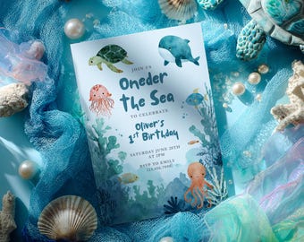 Invito di compleanno Oneder The Sea, invito per il primo compleanno, invito di compleanno con animali marini acquerellati, invito per bambini con tema oceano, modello Canva modificabile