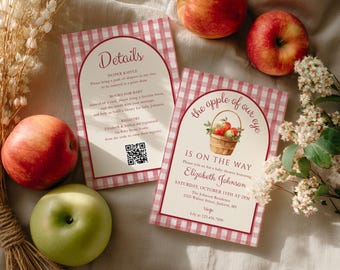 Apple Of Our Eye Baby Shower Invitation, Gender Neutral Baby Shower Invite, Gingham, Rustic Baby Shower, QR Code, Editable Canva Template