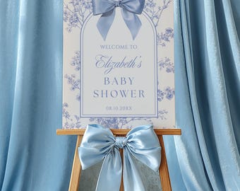 Placa de boas-vindas vintage azul com laço floral para chá de bebê, decoração para chá de bebê de menino, estilo Chinoiserie floral, laço delicado, modelo editável do Canva