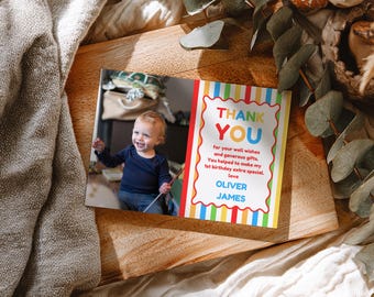 Its Fun To Be One 1st Birthday Thank You Card, Boys 1st Birthday, Colorful 1st Birthday, Photo First Birthday Thank You, Canva Template