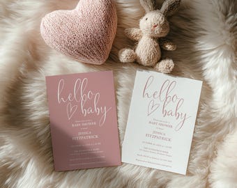 Convite para Chá de Bebê "Olá, Bebê Menina", Convite Rosa para Chá de Bebê, Caligrafia Elegante, Lista de Presentes com Código QR, Modelo Editável no Canva