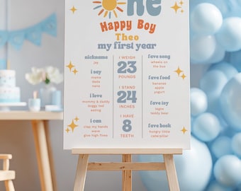 Placa Comemorativa "Um Menino Feliz", Decoração para o Primeiro Aniversário de Menino, Placa de Aniversário com Sol Retrô, Decoração para Primeiro Aniversário, Placa "Meu Primeiro Ano", Modelo para Canva