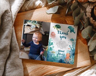 Cartão de Agradecimento de Aniversário "Mergulhe no Mar", Decoração de 1º Aniversário, Aniversário com Animais Marinhos em Aquarela, Tema Oceano, Modelo Editável do Canva