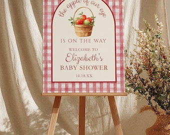 Apple Of Our Eye Baby Shower Welcome Sign, Gender Neutral Baby Shower Decor, Red Gingham, Rustic Baby Shower, Editable Canva Template