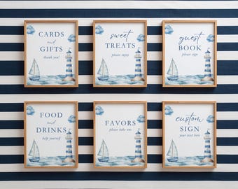 Kit de Decoração para Chá de Bebê "Ahoy, é um Menino!", Decoração para Chá de Bebê de Menino, Chá de Bebê Náutico, Barco à Vela em Aquarela, Oceano, Modelo Editável no Canva