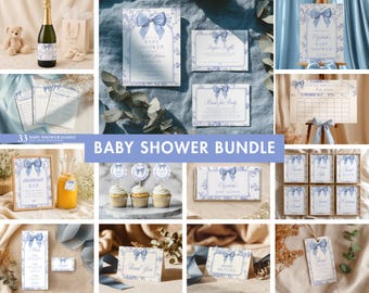 Conjunto de convites para chá de bebê com laço floral azul vintage, conjunto para chá de bebê de menino e jogos editáveis, laço Coquette, modelo editável do Canva