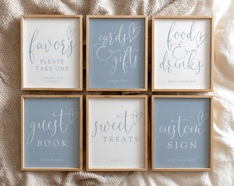 Kit de Placas para Chá de Bebê Menino Azul, Decoração para Chá de Bebê Menino, Caligrafia Elegante, Placa Personalizada Azul Acinzentada, Modelo Editável no Canva