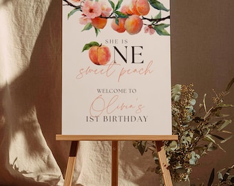 One Sweet Peach 1st Birthday Welcome Sign, Peach First Birthday Welcome Sign, One Sweet Peach Birthday Decor, Watercolor, Canva Template
