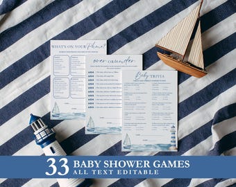 Jogos para Chá de Bebê "Ahoy, é um Menino!", Pacote de Jogos para Chá de Bebê de Menino, Pacote de Jogos para Chá de Bebê Náutico em Aquarela, Barco à Vela, Modelo para Canva