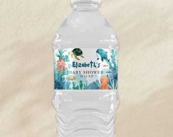 Etiquetas para Chá de Bebê "Te Vejo em Breve", Decoração para Chá de Bebê com Tema "Fundo do Mar", Animais Marinhos em Aquarela, Unissex, Modelo Editável no Canva