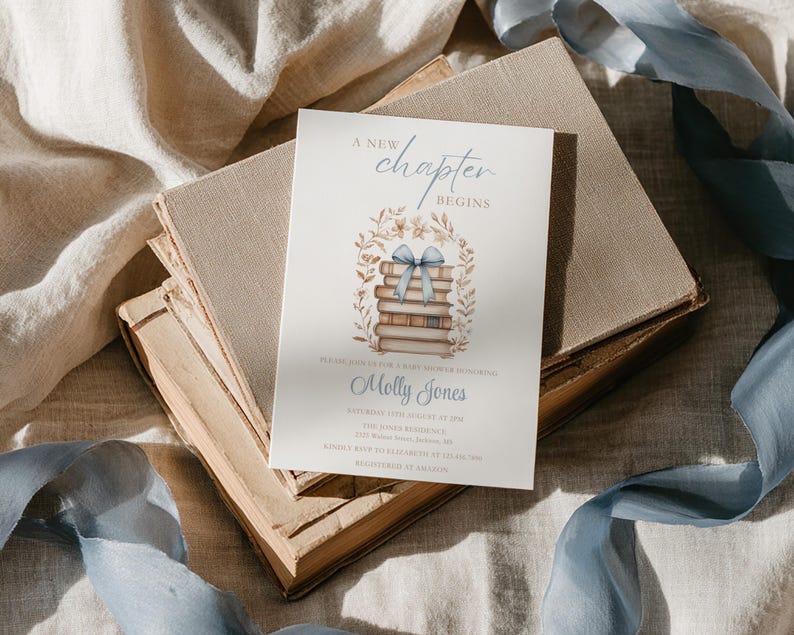 Chapter Ribbon A New Chapter Begins Baby Shower Invitation, Boy Baby Shower Invite ...
