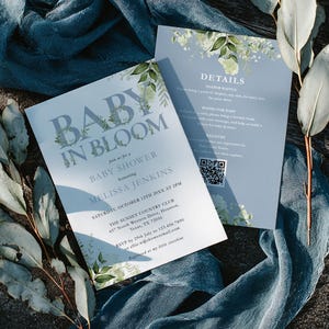 Invito per baby shower "Baby In Bloom", invito per baby shower per bambini, verde rustico, primavera, estate, codice QR per registro, modello Canva modificabile