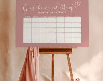 Calendário rosa para chá de bebê de menina com previsão de chegada, caligrafia elegante, rosa antigo, modelo para Canva