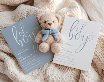 Oh Boy Baby Shower Invitation, Dusty Blue Boy Baby Shower Invite, Elegant Calligraphy Script, QR Code Registry, Editable Canva Template