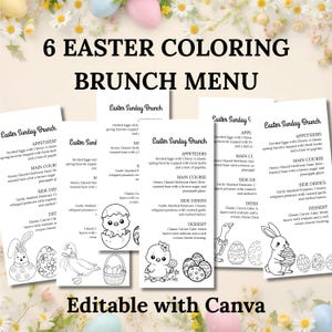 Può includere: Un set di sei modelli di menu brunch a tema pasquale da colorare. Ogni menu presenta un'illustrazione in bianco e nero di uova di Pasqua, pulcini e coniglietti. I menu includono antipasti, piatti principali, contorni e dessert. Il testo sui menu recita "Brunch della domenica di Pasqua."
