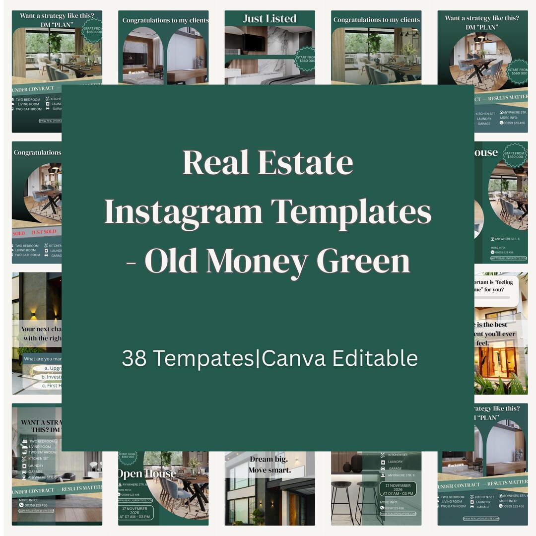 Real Estate Instagram Templates | Old Money Green Canva Bundle - Etsy
