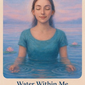 Puede incluir: Ilustración de una persona meditando en el agua, con una luna creciente y estrellas en el cielo. La persona lleva una parte superior azul. El texto "Water Within Me" y una descripción del agua que fluye a través de las emociones, la intuición y la suavidad están en la parte inferior.