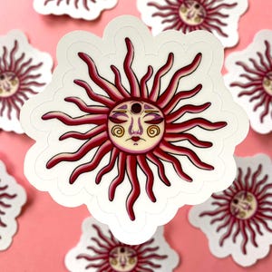 Matte Celestial Sun Sticker, Mystic Pink Sun Face Vinyl Decal, Whimsigoth Indie Laptop Decal, Celestial Witchy Boho Aesthetic Gift