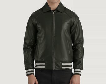 Handmade Genuine Leather Bomber Jacket – Striped Cuffs, Retro Varsity Style Coat
