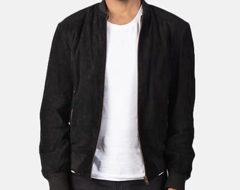 Men's Black Goatskin Suede Bomber Jacket – Cafe Racer Streetwear Coat