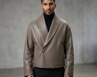 Men's Taupe Sheepskin Leather Wrap Jacket – Shawl Collar Kimono Style Coat
