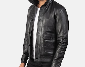 Men's Black Genuine Leather Field Jacket | Button-Up Blazer, Slim Fit Moto Coat