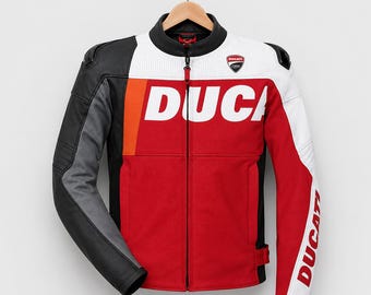 Ducati Motorcycle Leather Jacket, Red White Black Biker Jacket, Racing Motorcycle Jacket, Ducati Corse Style Riding Jacket
