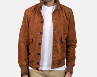 Men's Brown Suede Bomber Jacket – A-2 Style Goatskin Flight Coat