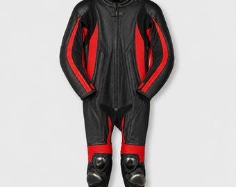 Premium Black & Red Motorcycle Racing Suit – Genuine Leather Biker Suit – CE Protective Armor – Custom Size Motorcycle Riding Suit