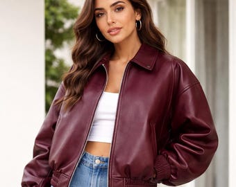 Burgundy Oversized Leather Bomber Jacket – Women's Streetwear Outerwear