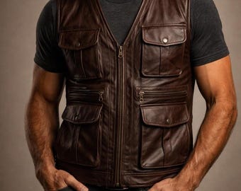 Men's Brown Leather Utility Vest – Genuine Leather Safari Waistcoat, Multi-Pocket Gilet