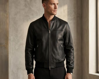 Men's Black Genuine Leather Bomber Jacket – Slim Fit Streetwear Biker Style