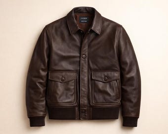 Men's Dark Brown Leather Bomber Jacket, Vintage Style Button Front, Ribbed Hem Winter Coat