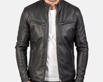 Men's Black Leather Cafe Racer Jacket – Quilted Lining Biker Outerwear
