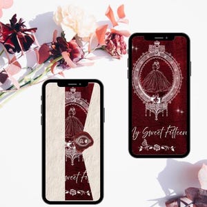 Puede incluir: Dos teléfonos inteligentes que muestran diseños de invitación digitales. Las pantallas presentan un fondo rojo intenso con un marco blanco ornamentado, una ilustración lineal de un vestido de gala y el texto My Sweet Fifteen en cursiva.